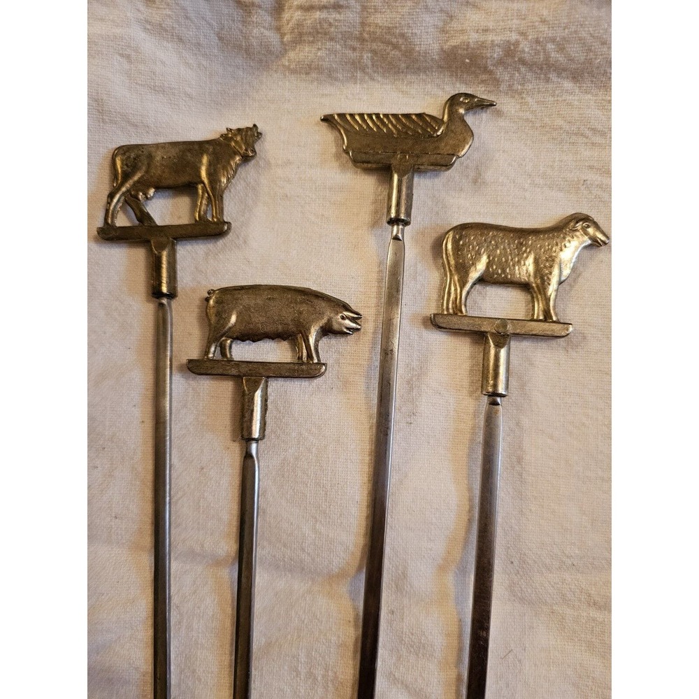 Set Of Four Brass And Stainless Steel Skewers Or Meat Identifiers Beef Pork...